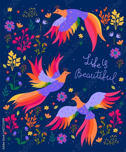 Postcard with fantastic birds and flowers and with the inscription life is beautiful. Vector graphics.