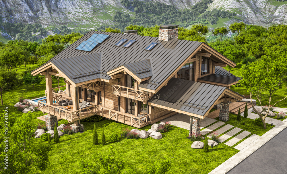 3d rendering of modern cozy chalet with pool and parking for sale or rent. Beautiful forest mountains on background. Massive timber beams columns. Clear sunny summer day with cloudless sky. 3d rendering of modern cozy chalet with pool and parking for sale or rent. Beautiful forest mountains on background. Massive timber beams columns. Clear sunny summer day with cloudless sky.