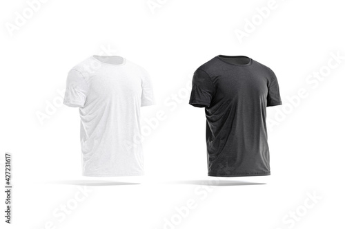 Blank black and white wrinkled t-shirt mockup set, side view