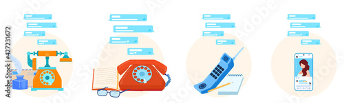 Telephone appliances, retro equipment, old vintage communication, isolated on white, design, cartoon style vector illustration.