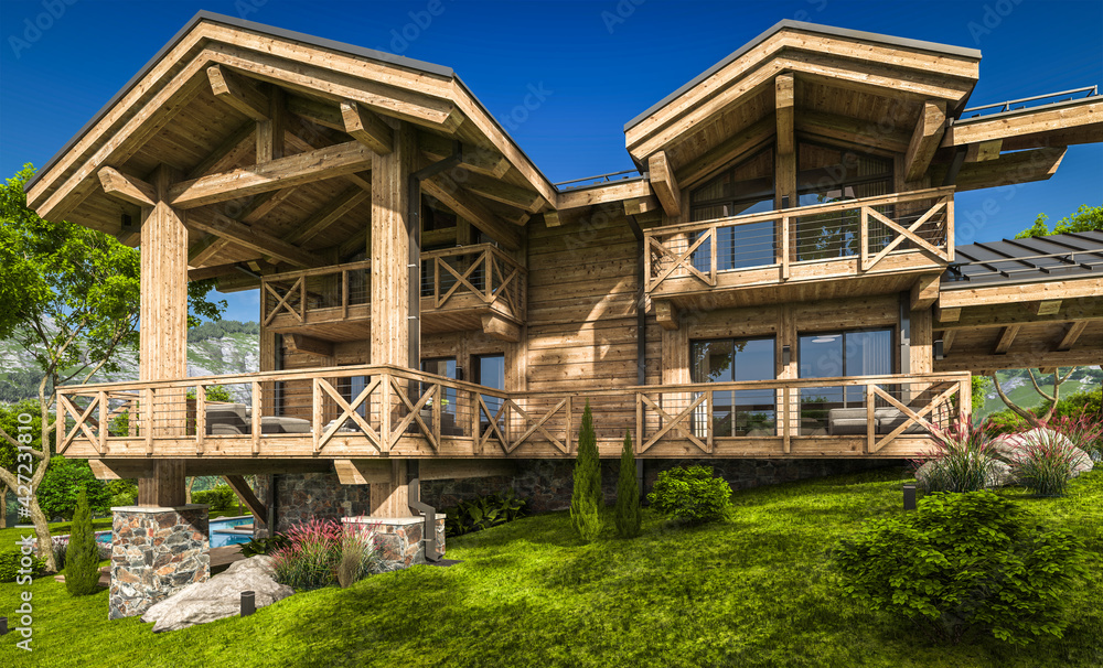 3d rendering of modern cozy chalet with pool and parking for sale or rent. Beautiful forest mountains on background. Massive timber beams columns. Clear sunny summer day with cloudless sky. 3d rendering of modern cozy chalet with pool and parking for sale or rent. Beautiful forest mountains on background. Massive timber beams columns. Clear sunny summer day with cloudless sky.