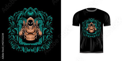 retro illustration gunner warrior for tshirt design, badge design character with engraving ornament