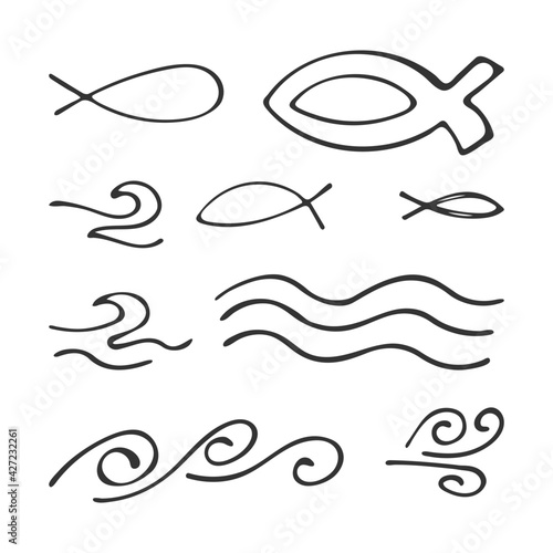 Hand-drawn set Christian icons fish and waves isolated on white background. Religion and Christianity. Christian symbols. Vector illustration