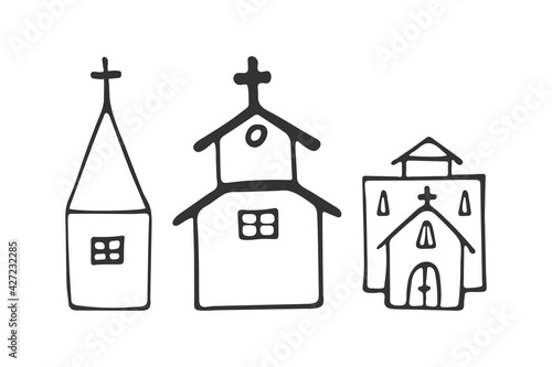 Hand-drawn set of churches isolated on white background. Religion and Christianity. Christian symbols. Vector illustration
