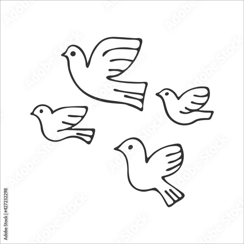 Hand drawn doves icons isolated on white background. Symbols of peace and the Holy Spirit in Christianity. Religion and Christianity. Vector illustration