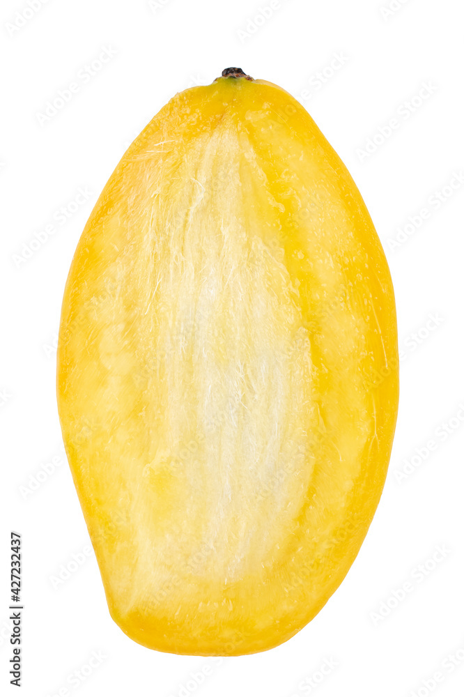 Vertical standing half of cutted ripe mango isolated on white background