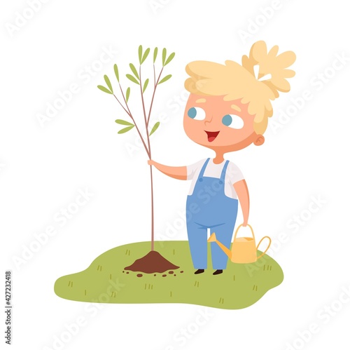Girl planted tree. Joyful baby with cuttings of plant, gardening and plant growing hobbies. Save the planet, ecology vector illustration