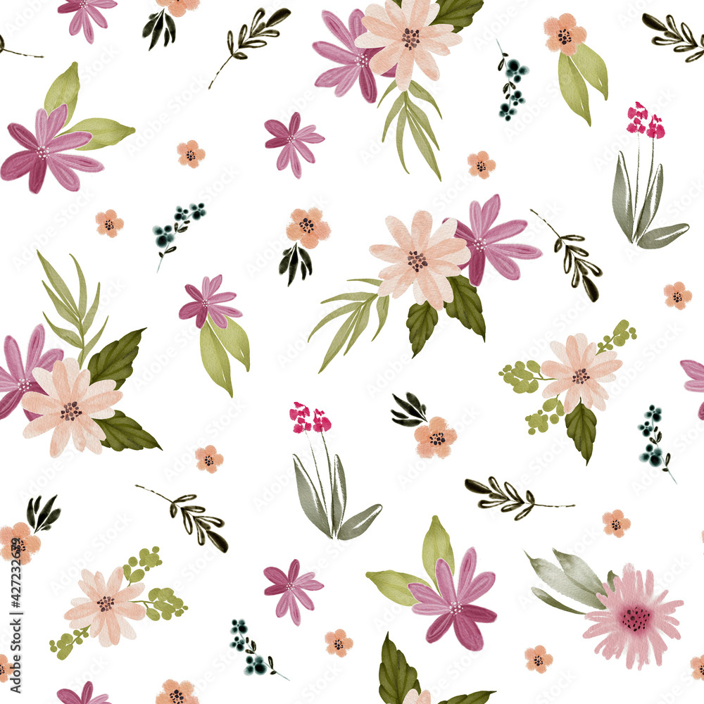 seamless pattern with delicate multicolored flowers and leaves on a white background, watercolor illustration