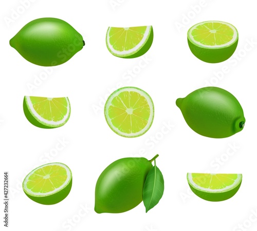 Lime. Realistic fresh sliced fruits with leaves decent vector limes collection