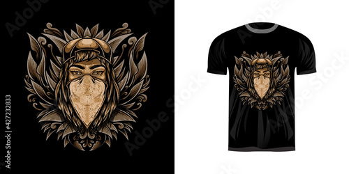 retro illustration girl gangster for tshirt design, badge design character with engraving ornament