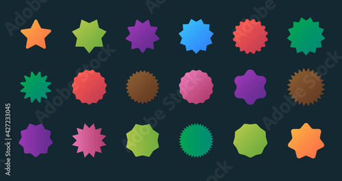 Colored stars emblems. Round sticker shapes promo burst stars sales stylized signs garish vector zigzag circles in flat style