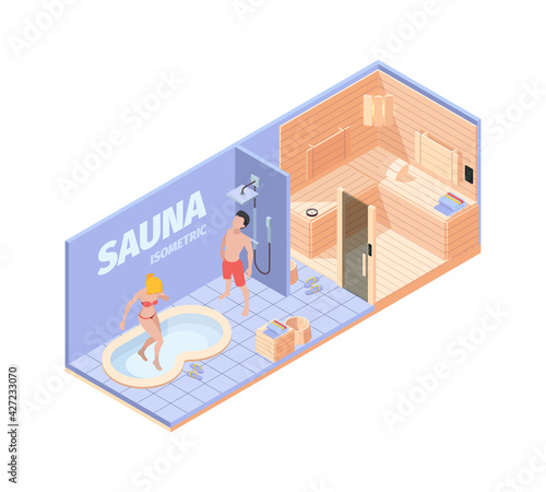 Spa relaxing salon. Wooden sauna bathing pool water bucket towel people sitting on bench garish vector 3d isometric background