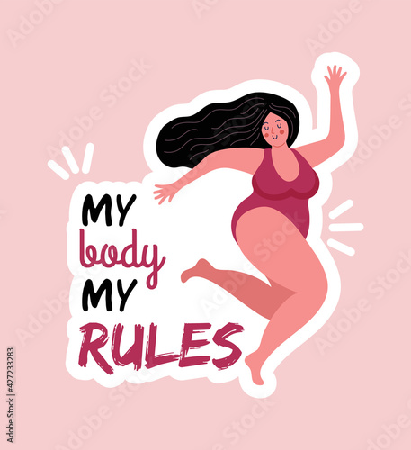 Body positive. Happy oversize woman, plump girl in swimsuit. Female character in trendy style with feminist slogan vector badge