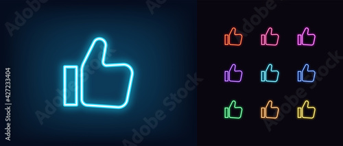 Neon thumb up icon. Glowing neon like sign, outline approving hand pictogram