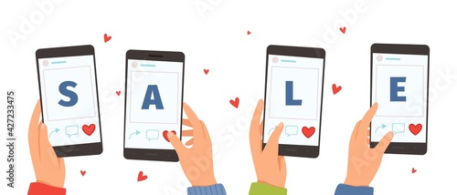 Hands holding smartphones. Sale banner, people using mobile for online discount shopping vector concept