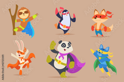 Animals superhero. Funny animals in hero clothes dogs cats strong muscles characters zoo clipart exact vector flat illustrations isolated