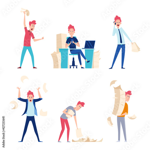Unorganized people. Office chaos business conflict chaotic processes problem time managements exact vector characters