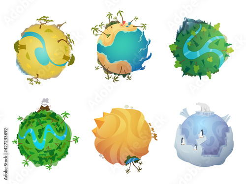 Cartoon planet. Earth visualization of different climatic zones cold and hot surface ice snow rocks sand desert lava volcano ocean water exact vector cartoon planets