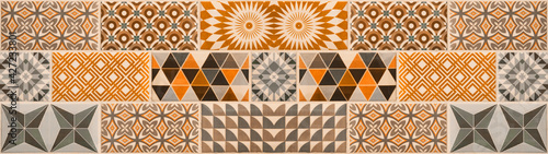 Orange white gray vintage retro geometric square mosaic motif cement tiles texture background banner panorama.