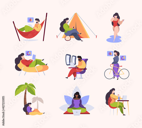Simple lifestyle characters. Expensive family downshifting relax time freelancers working garish vector flat illustrations metaphores collection