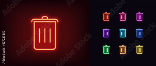 Neon trash can icon. Glowing neon dustbin sign, outline garbage pictogram