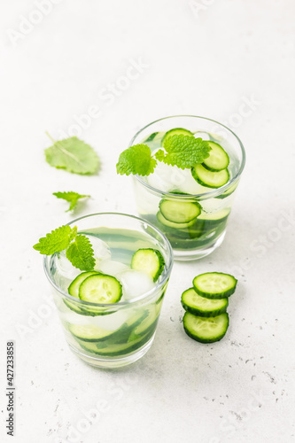 summer refreshing iced tea cucumber mint drink. Space for text, top view.