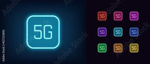Neon 5G network icon. Glowing neon 5G sign, outline mobile internet pictogram