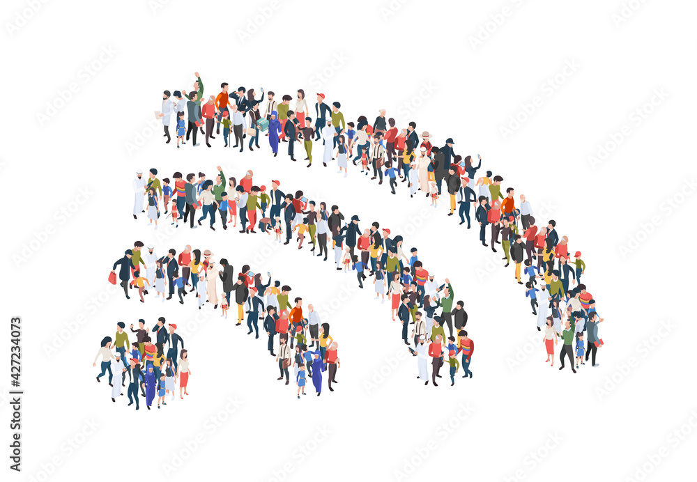 Wifi crowd symbol. Concept illustrations group of people standing in wifi shapes internet connection signs garish vector pictures Wifi crowd symbol. Concept illustrations group of people standing in wifi shapes internet connection signs garish vector pictures