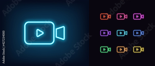 Neon video camera icon. Glowing neon projector with play sign, outline video content pictogram