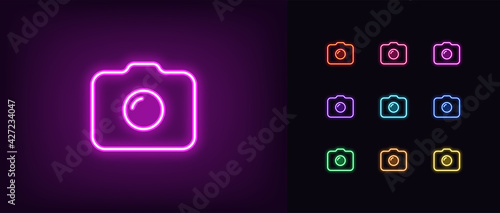 Neon photo camera icon. Glowing neon camera sign, outline photo shooting pictogram