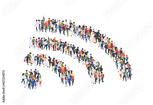 Wifi crowd symbol. Concept illustrations group of people standing in wifi shapes internet connection signs garish vector pictures