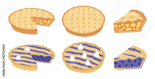 Piece of pie set Illustration vector flat cartoon isolated on white background. Pie Icon Set