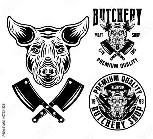 Pig head and two butchery shop emblems, badges, labels or logos vector monochrome illustration in vintage style isolated on white background