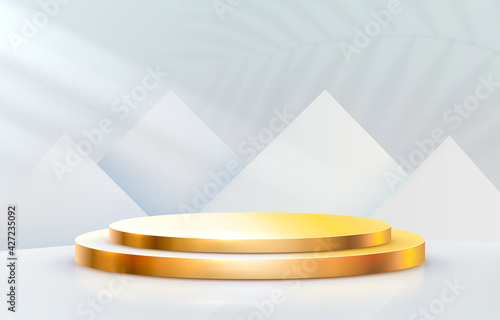 Golden stage podium with lighting, Stage Podium Scene with for Award Ceremony on grey Background. Vector