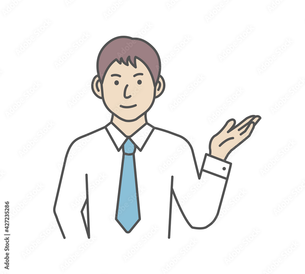 Vector illustration of a young businessman introducing or navigating