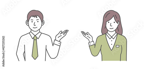 Vector illustration of a young man and woman  introducing or navigating