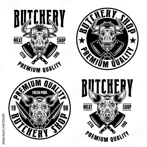 Set of four butchery shop vector emblems, badges, labels or logos in vintage monochrome style isolated on white background