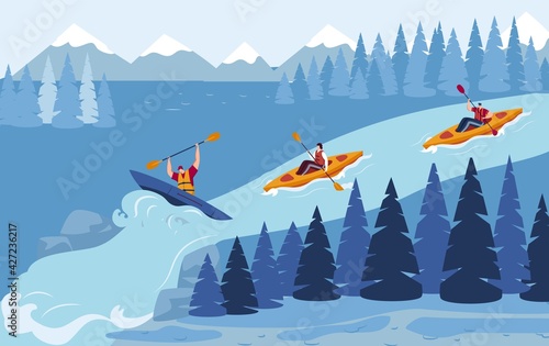 Kayak water, active tourism sports, river extreme, boys entertainment, leisure leisure, design, style cartoon vector illustration.