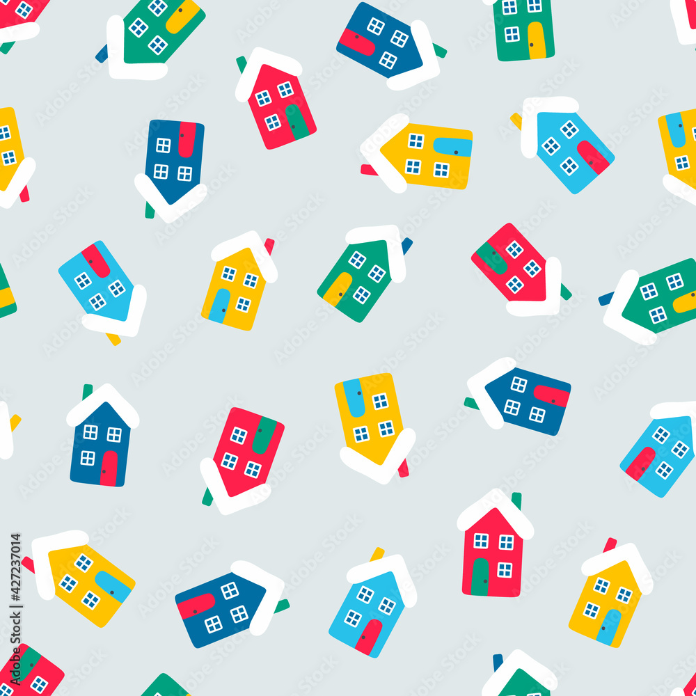 Vector seamless pattern wih houses. Cute winter illustration in flat style. Red, green, yellow, blue and white colors. Winter design background. Color house on light gray background. Vector seamless pattern wih houses. Cute winter illustration in flat style. Red, green, yellow, blue and white colors. Winter design background. Color house on light gray background.