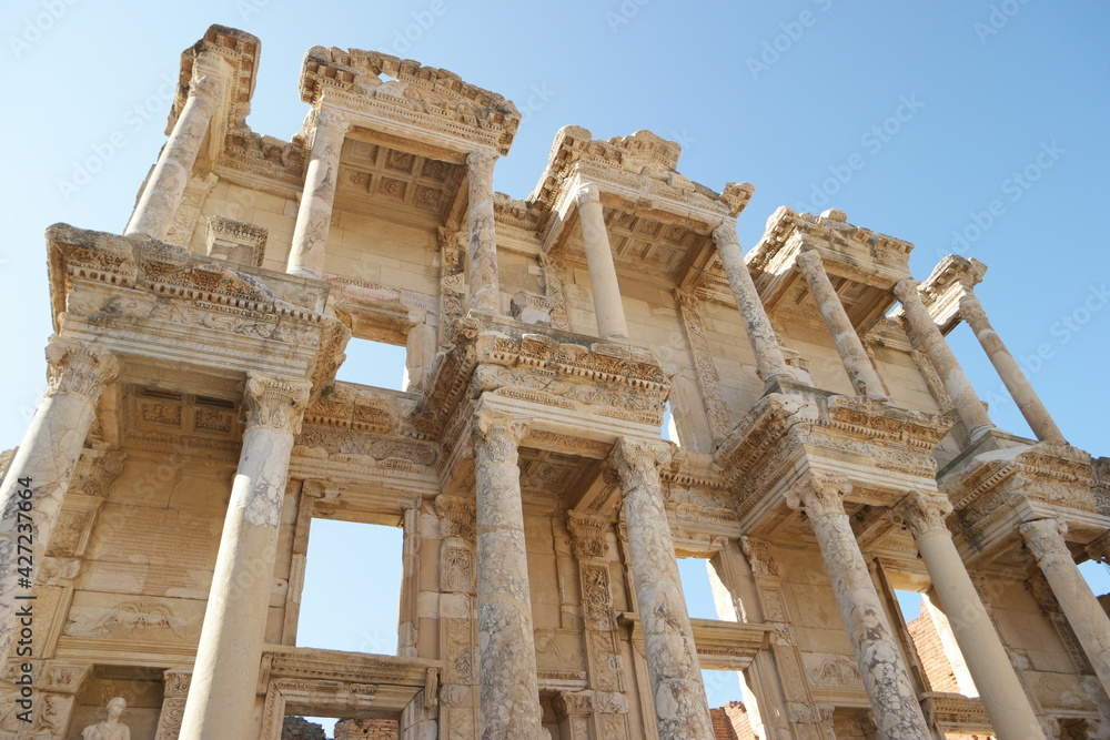 Close up of the ancient Library of Celsus.