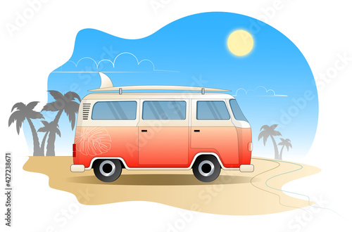Summer vacation yellow and orange surf bus and sunset tropical beach in flat style © Julia Bilevych