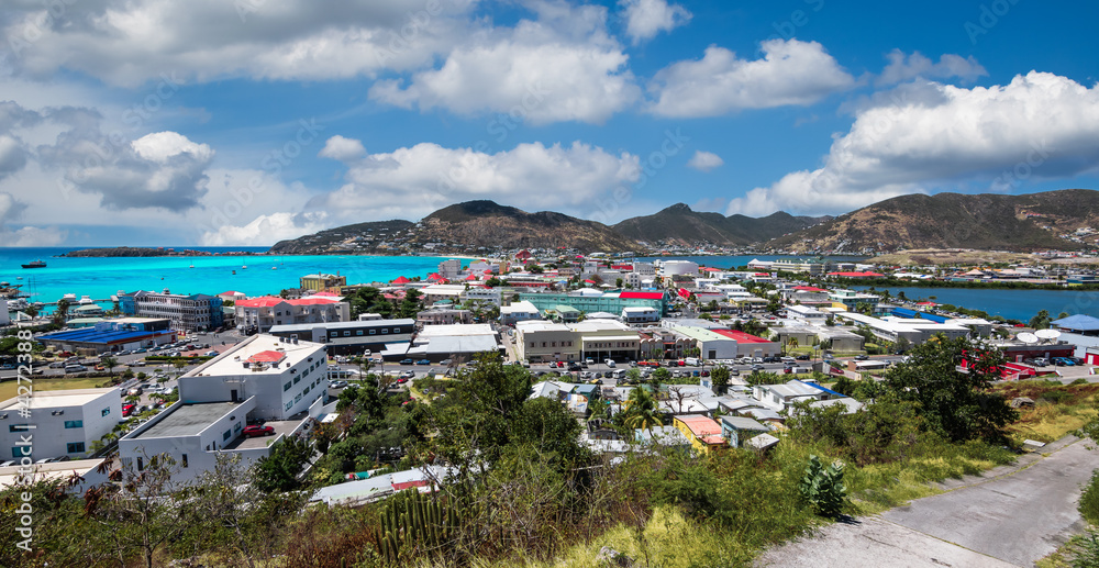 Philipsburg St Maarten panoramic cityscape.