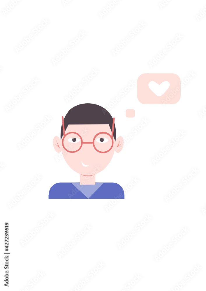 
Young brunette guy is smiling and in love. The guy liked you. The guy in the blue jumper. Tech support likes your question. Guy icon with heart icon. Vector illustration. Isolated.