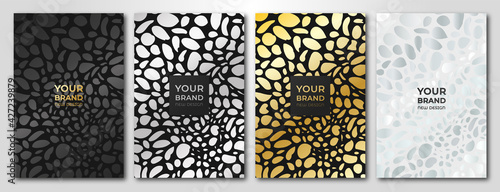 Fototapeta Naklejka Na Ścianę i Meble -  Fashionable modern abstract cover design set. Luxury black, gold, silver background with leopard pattern. Premium vector collection for notebook cover, brochure template, magazine