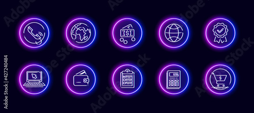 10 in 1 vector icons set related to calculation theme. Lineart vector icons in neon glow style