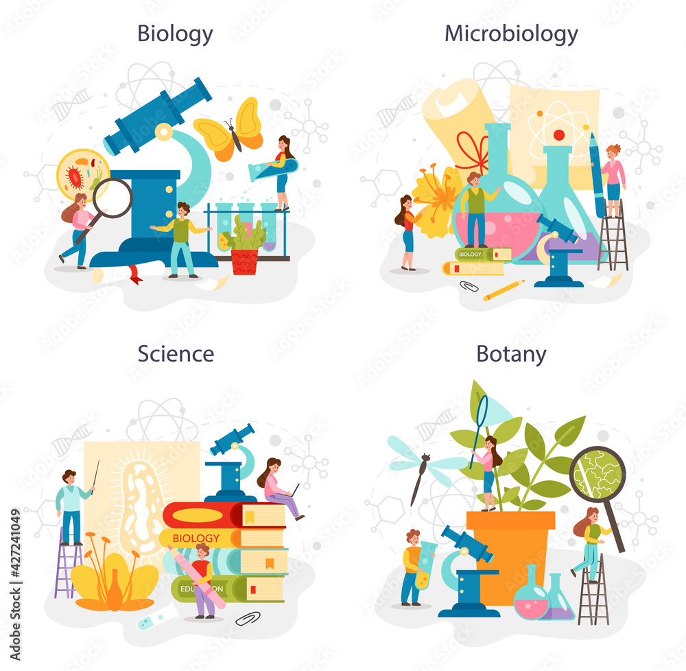 Biology school subject concept set. Scientist exploring nature