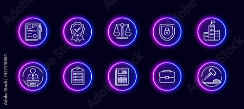 10 in 1 vector icons set related to judgement theme. Lineart vector icons in neon glow style