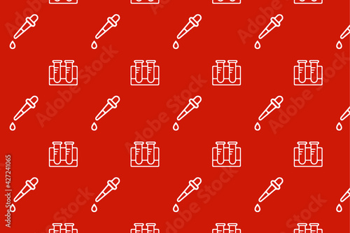 Modern simple medical pattern. Isolated laboratory tubes and syringes on a red background. Design logo print. Template for your business.