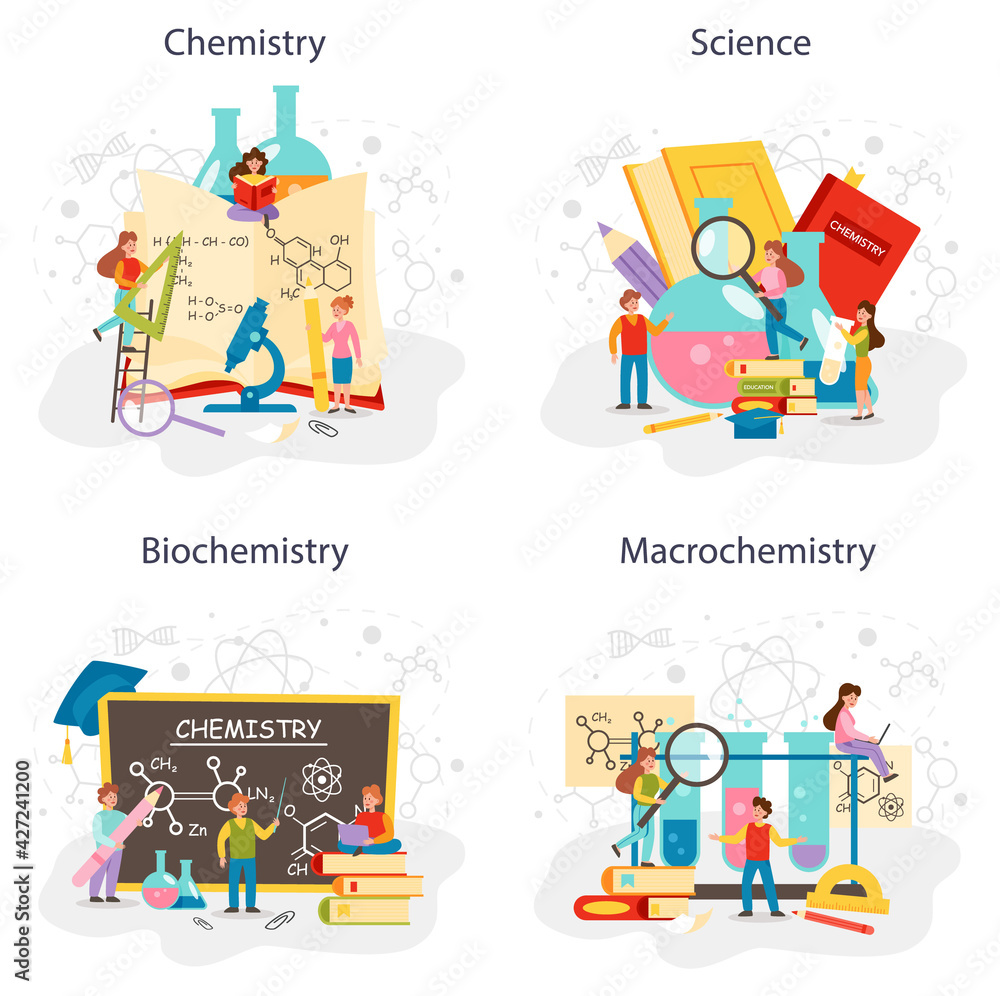 Chemistry studying concept set. Chemistry lesson, chemical element molecular Chemistry studying concept set. Chemistry lesson, chemical element molecular