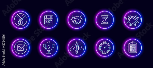 10 in 1 vector icons set related to turnaround theme. Lineart vector icons in neon glow style